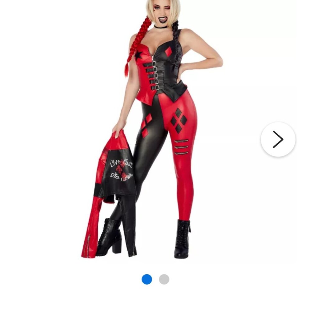 Harley Quinn costume, wig, gloves, choker, makeup